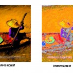 two versions of Thai woman poling boat