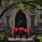 three young monks holding umbrellas stand in front ot temple door