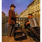 two elderly buskers on a canal in St. Petersburg
