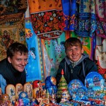 two mischievous boys sell Russian handicrafts