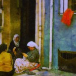 Istanbul street scene women chatting and sewing