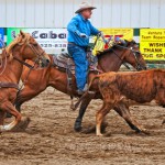 Competitors team roping with grandfather and grandaughter competing