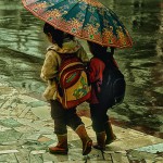 Chinese Schoolgirls with Umbrella