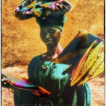 portrait of woman selling fans in Mopti Mali