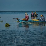 Masked Vietnamese women row their small boat on Tonle Sap Lake