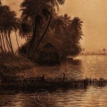 Landscape of rice canal in Kerala, India with sun glittering on golden water.