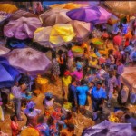 A Digital painting of the colorful Grand Market in Lome filled with Madam Benzes and a policewoman or two.