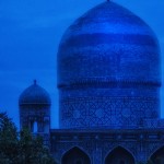 photograph of Samarkand's Registan during the blue hour